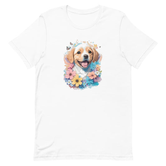White crew neck short sleeved t-shirt, Feature a happy Golden Retriever puppy dog face, with a delight colorful floral wreath wrapping around.