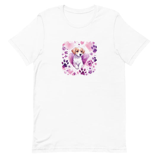 White crew neck short sleeved t-shirt, Feature a vibrant colorful design of a lively, adorable puppy surrounded by a whirlwind of paws and hearts.