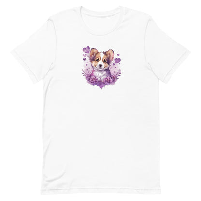White crew neck short sleeved t-shirt, Features a cute puppy shepherd nestle in hearts and blooming garden. 