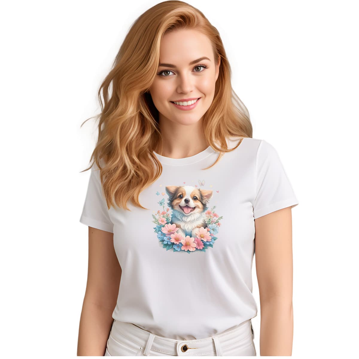 White crew neck short sleeved t-shirt, feature an adorable Australian Shepherd puppy amidst a resplendent floral fiesta, nestled in a wicker basket. Female model shown in close-up to highlight print and fit.