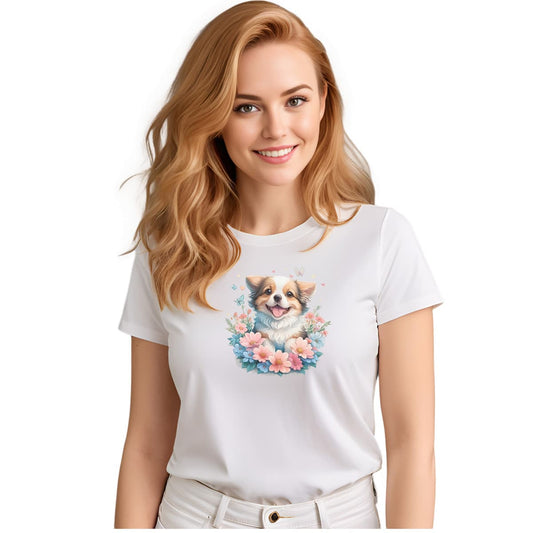White crew neck short sleeved t-shirt, feature an adorable Australian Shepherd puppy amidst a resplendent floral fiesta, nestled in a wicker basket. Female model shown in close-up to highlight print and fit.