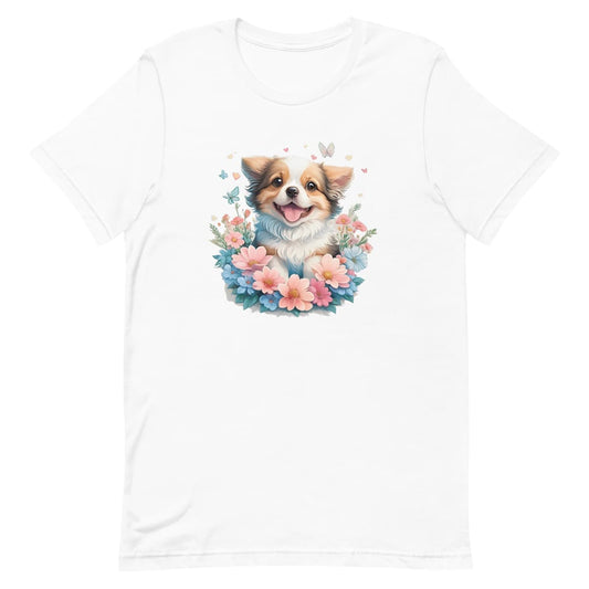 White crew neck short sleeved t-shirt, feature an adorable Australian Shepherd puppy amidst a resplendent floral fiesta, nestled in a wicker basket. 