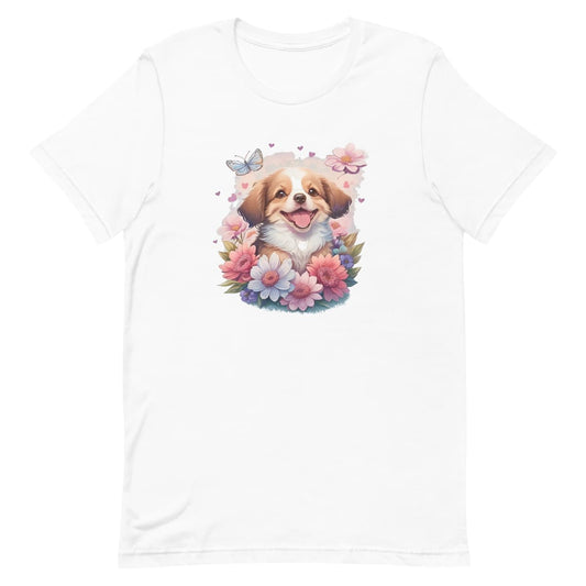 White crew neck short sleeved t-shirt, feature an intricate colorful hand-drawn lively shepherd puppy amidst a blooming wicker floral basket garden. 