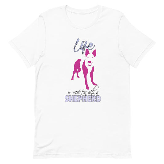 White crew neck short sleeved t-shirt. Feature a cute German Shepherd puppy silhouette with a fun message "life is more fun with a Shepherd"in pink and purple shades.