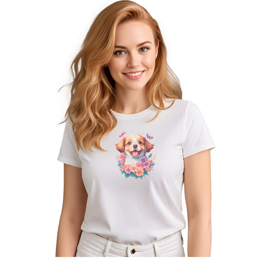White crew neck short sleeved t-shirt, feature an intricate colorful hand-drawn lively shepherd puppy amidst a blooming wicker floral basket garden. Female model shown in close-up to highlight print and fit.
