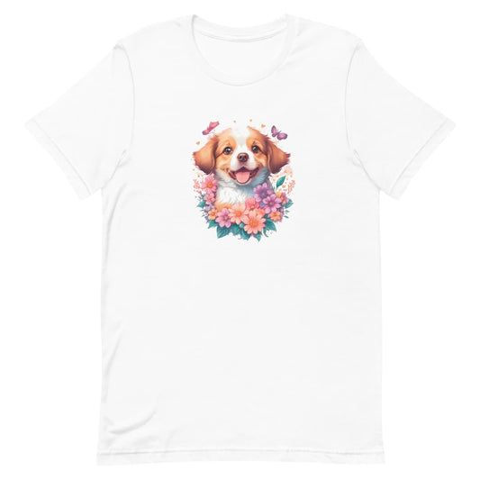 White crew neck short sleeved t-shirt, feature an intricate colorful hand-drawn lively shepherd puppy amidst a blooming wicker floral basket garden. 