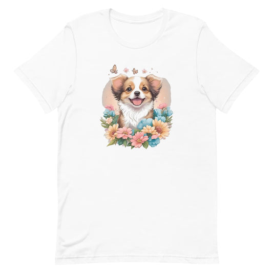 White crew neck short sleeved t-shirt, feature an intricate colorful hand-drawn lively shepherd puppy amidst a blooming wicker floral basket garden.