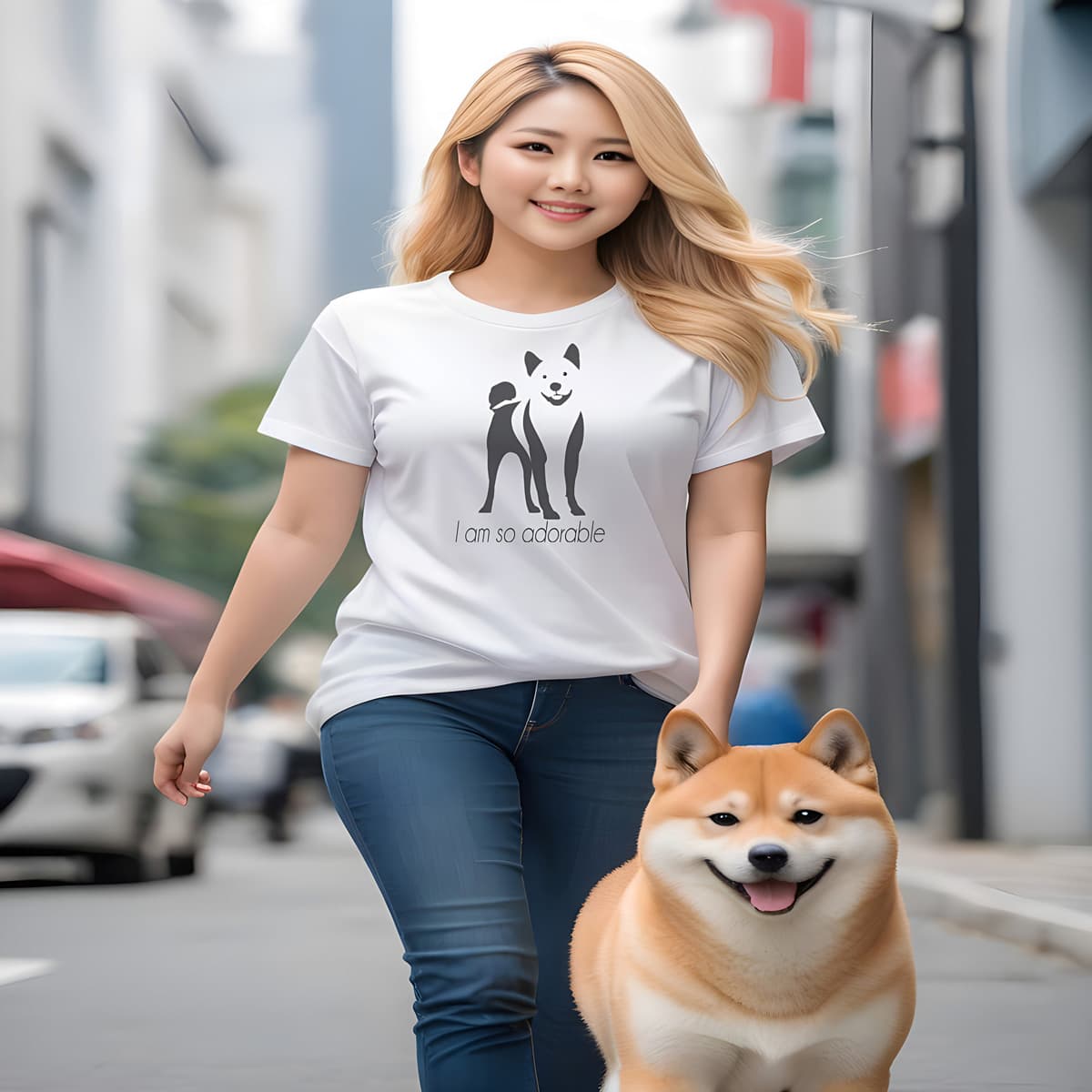 Young Asian women walking in a city street, with tongue out Shiba Inu. She is wearing a white crew neck short sleeved t-shirt, featuring a hand-drawn black and white one-line graphic print silhouette of an adorable Shiba Inu with its tongue out. The text "I am so adorable" underneath the dog .
