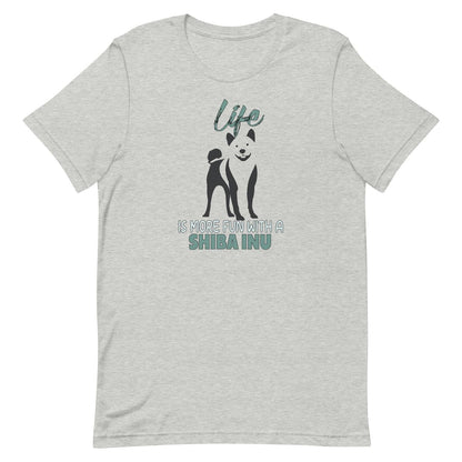 Gray unisex short sleeved cotton t-shirt, showing Shiba Inu silhouette and “Life is more fun with a Shiba Inu” quote printed across the chest.

