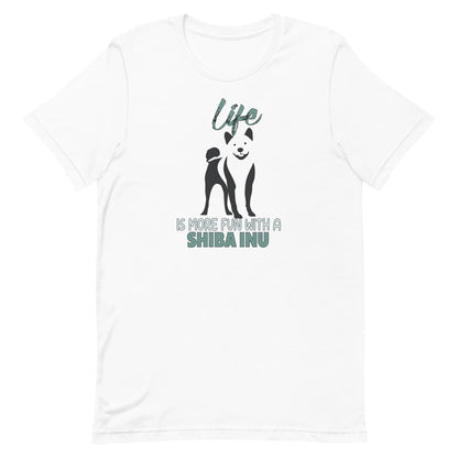 White unisex short sleeved cotton t-shirt showing Shiba Inu silhouette and “Life is more fun with a Shiba Inu” quote printed across the chest.