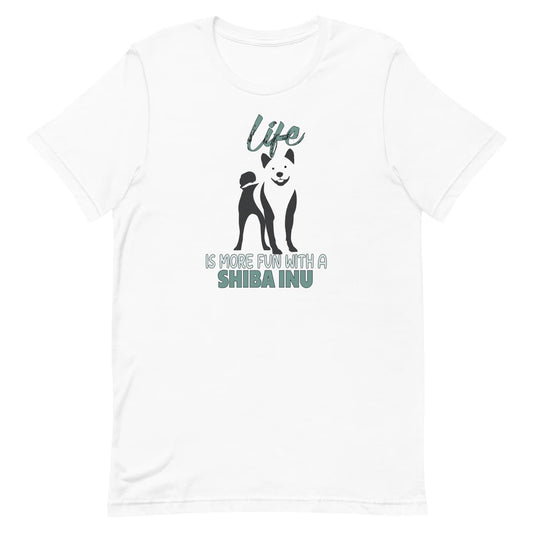 White unisex short sleeved cotton t-shirt showing Shiba Inu silhouette and “Life is more fun with a Shiba Inu” quote printed across the chest.
