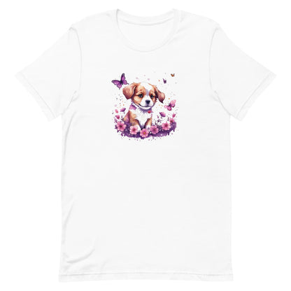 White crew neck short sleeved t-shirt, Showcases a vibrant Spaniel puppy, nestled amidst a floral wonderland within a quaint wicker basket, bursting with purples and pinks.