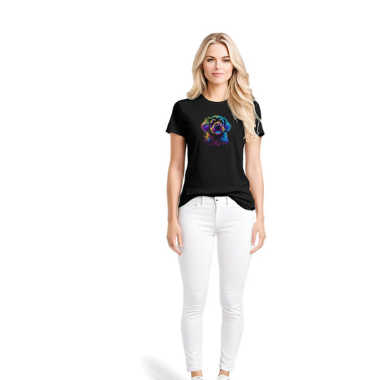 Black crew neck short sleeved t-shirt, feature a graphic vibrant colorful hand-drawn dog face of a Cavalier King Charles spaniel Puppy face  in vibrant neon palette. Female model shown in close-up to highlight print and fit.