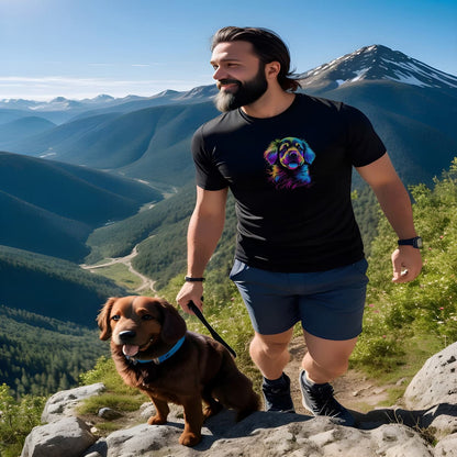 Man walking in the mountains, together with his spaniel dog, wearing a Black crew neck short sleeved t-shirt, feature a graphic vibrant colorful hand-drawn dog face of a Cavalier King Charles spaniel Puppy face  in vibrant neon palette.