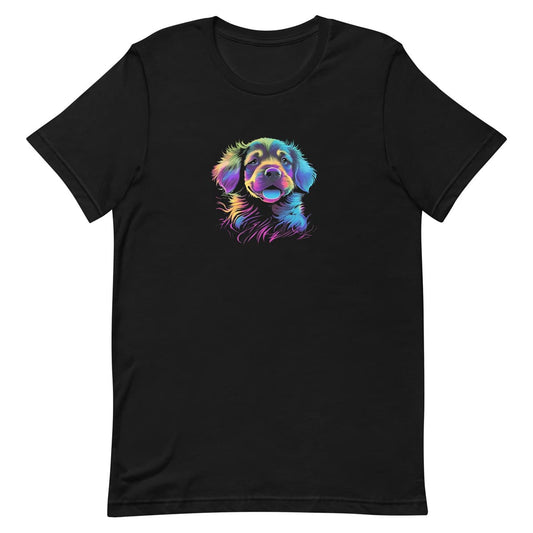 Black crew neck short sleeved t-shirt, feature a graphic vibrant colorful hand-drawn dog face of a  Cavalier King Charles spaniel Puppy face in vibrant neon palette.