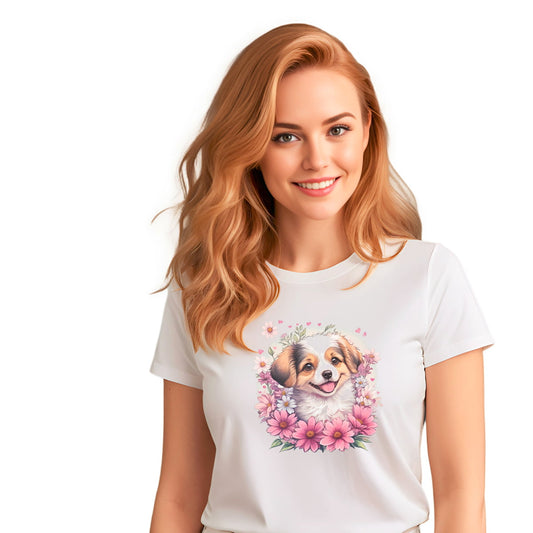 White crew neck short sleeved t-shirt, stars a cheeky Aussie Shepherd pup amidst a whimsical wicker-basket garden. Female model shown in close-up to highlight print and fit.