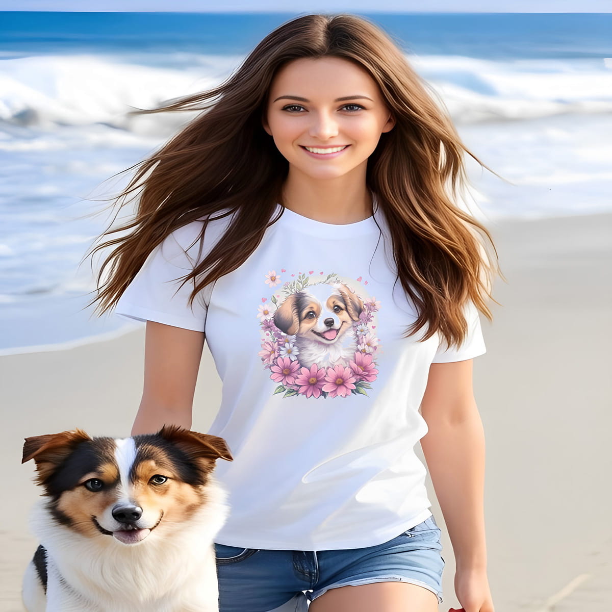 Women walking at beach, with a dog, she is wearing a white crew neck short sleeved t-shirt, stars a cheeky Aussie Shepherd pup amidst a whimsical wicker-basket garden. 