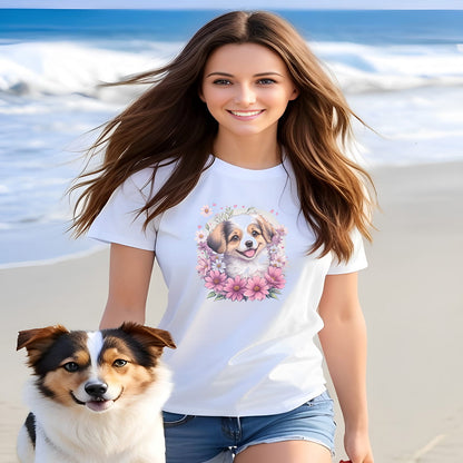 Women walking at beach, with a dog, she is wearing a white crew neck short sleeved t-shirt, stars a cheeky Aussie Shepherd pup amidst a whimsical wicker-basket garden. 