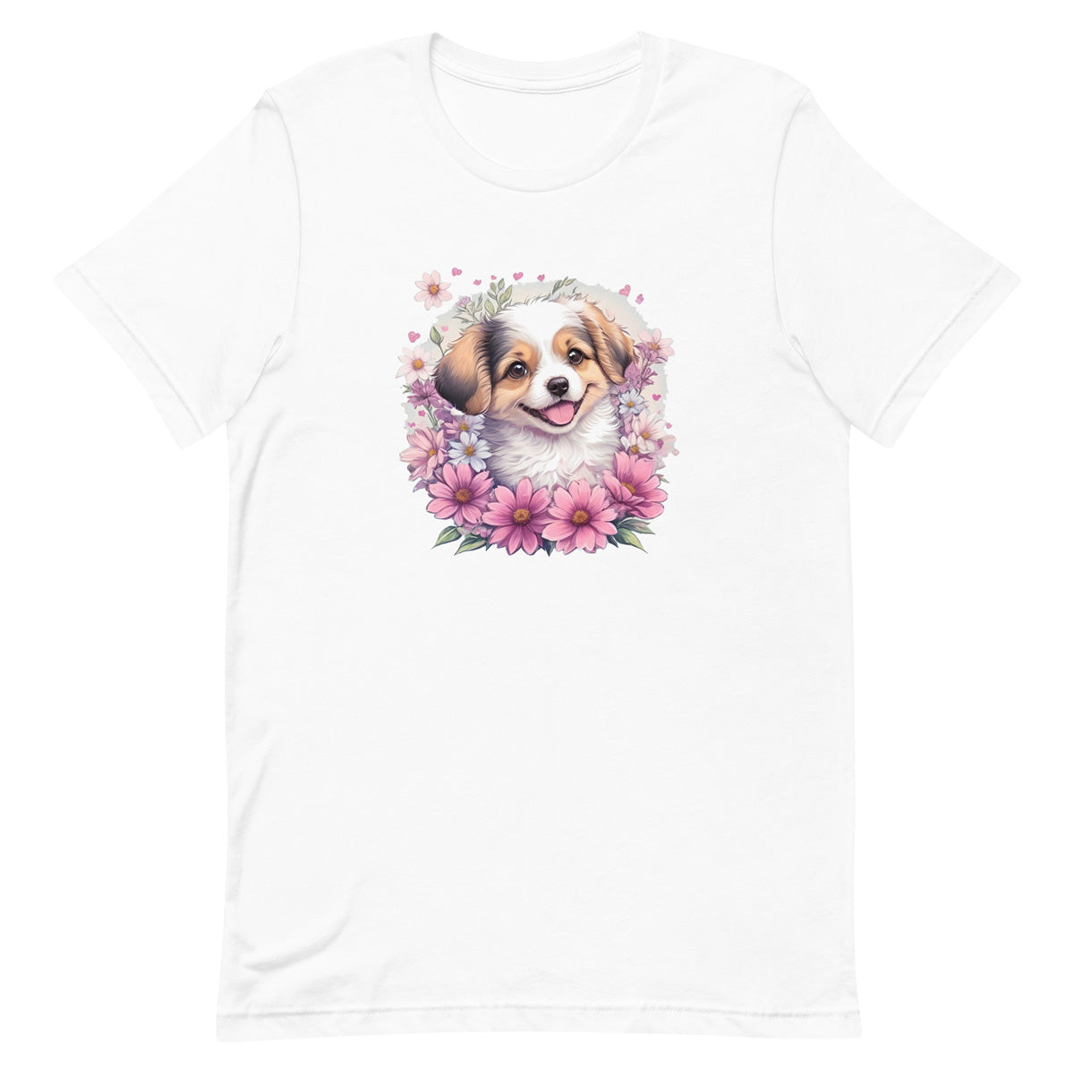 White crew neck short sleeved t-shirt, stars a cheeky Aussie Shepherd pup amidst a whimsical wicker-basket garden.