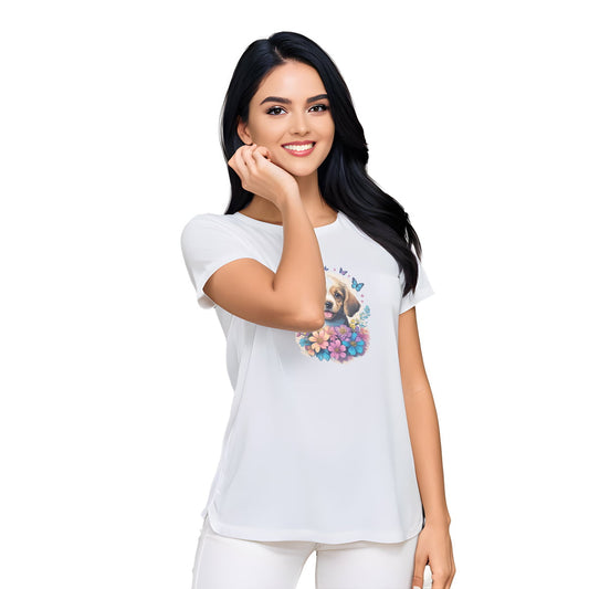 White crew neck short sleeved t-shirt, feature a graphic vibrant colorful hand-drawn dog face of a golden retriever puppy sitting in floral wreath. woman close up