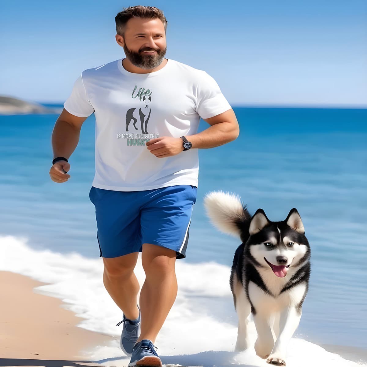 Man wearing white Husky quote t-shirt jogging along sandy beach with his adorable Husky. Relaxed, joyful pet lover lifestyle moment.