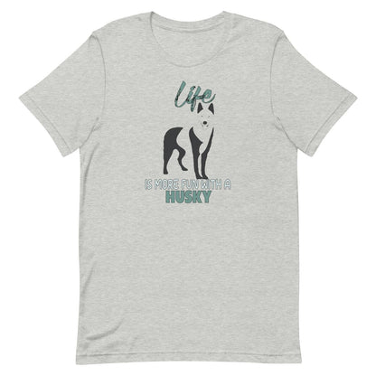 100% soft cotton, this short-sleeved unisex t-shirt features a bold Husky silhouette and the playful quote Life is more fun with a Husky right across the chest.