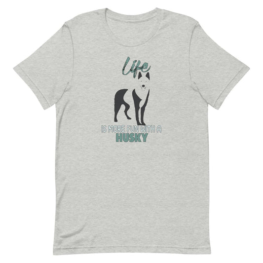 100% soft cotton, this short-sleeved unisex t-shirt features a bold Husky silhouette and the playful quote Life is more fun with a Husky right across the chest.