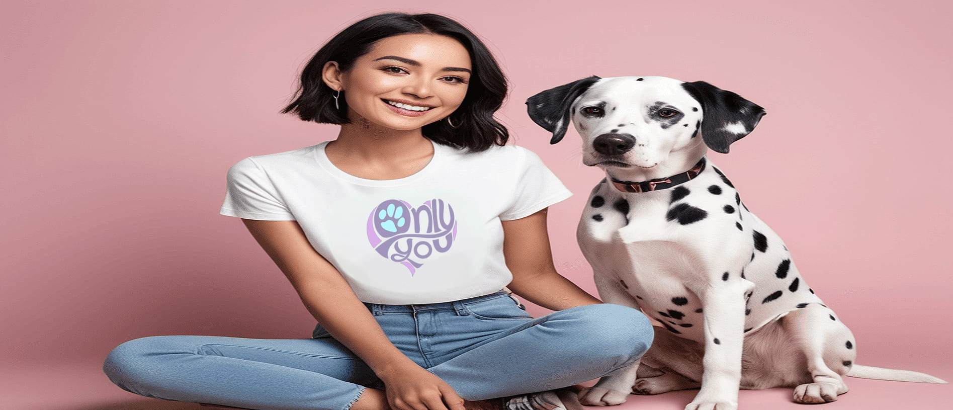 Woman sitting with a Dalmatian close to her. She is wearing a white short sleeve crew neck T-shirt.  Featuring a bold ‘Only You’ text with a purple graphic, pink heart, and turquoise paw print. Soft cotton, cozy fit, stylish apparel for dog moms, pet lovers, and everyday casual wear.