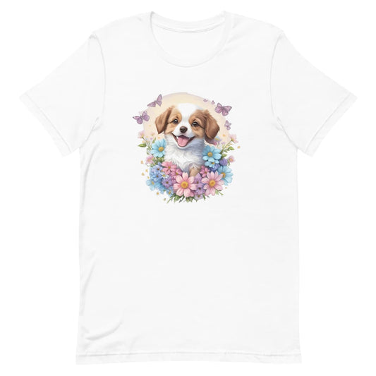 White crew neck short sleeved t-shirt, feature a happy Spaniel puppy, nestle in vibrant colorful floral canine charm.