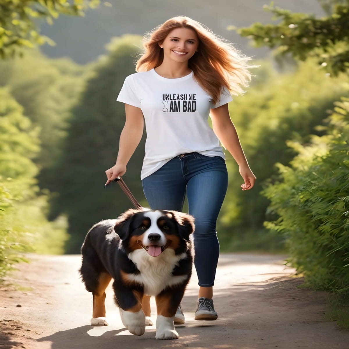 Women walking at a country side, with a dog. She is wearing a white crew neck short sleeved t-shirt, features a playful humor with a twist, reading the bold black graphic text ”unleash me i am bad” wording I, illustrate a dog bone on its point.