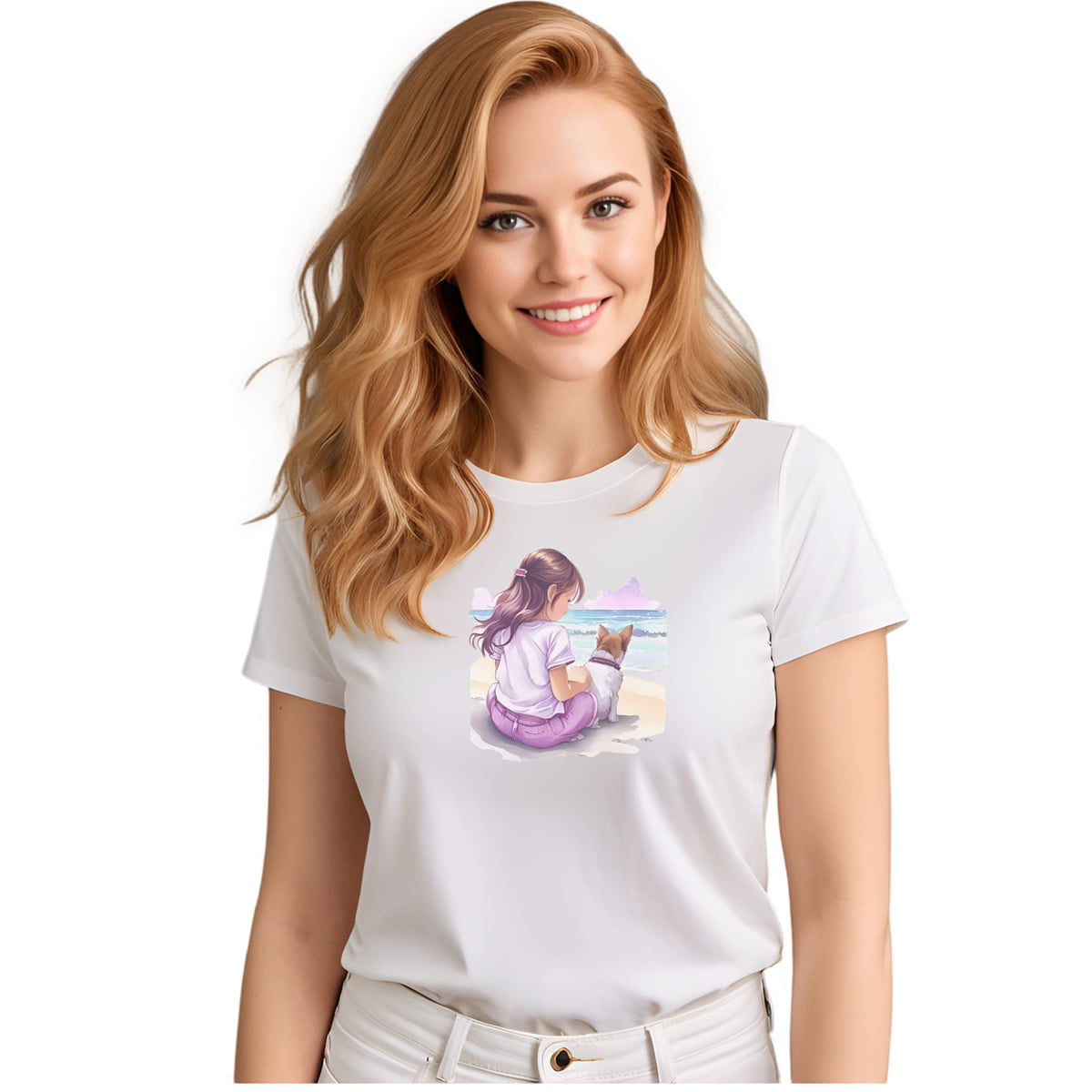 White crew neck short sleeved t-shirt, portraying a girl and her spirited pup basking in beach side, a lively hand-drawn illustration, a harmonious blend of dark reds, purples, and pinks. Female model shown in close-up to highlight print and fit.