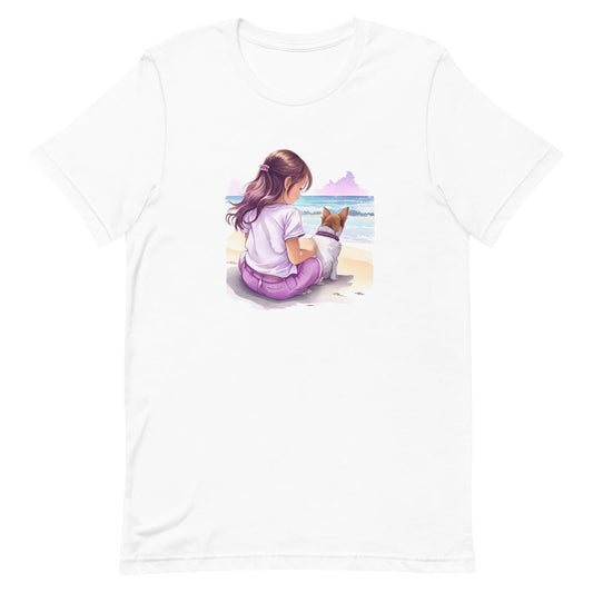 White crew neck short sleeved t-shirt, portraying a girl and her spirited pup basking in beach side, a lively hand-drawn illustration, a harmonious blend of dark reds, purples, and pinks.