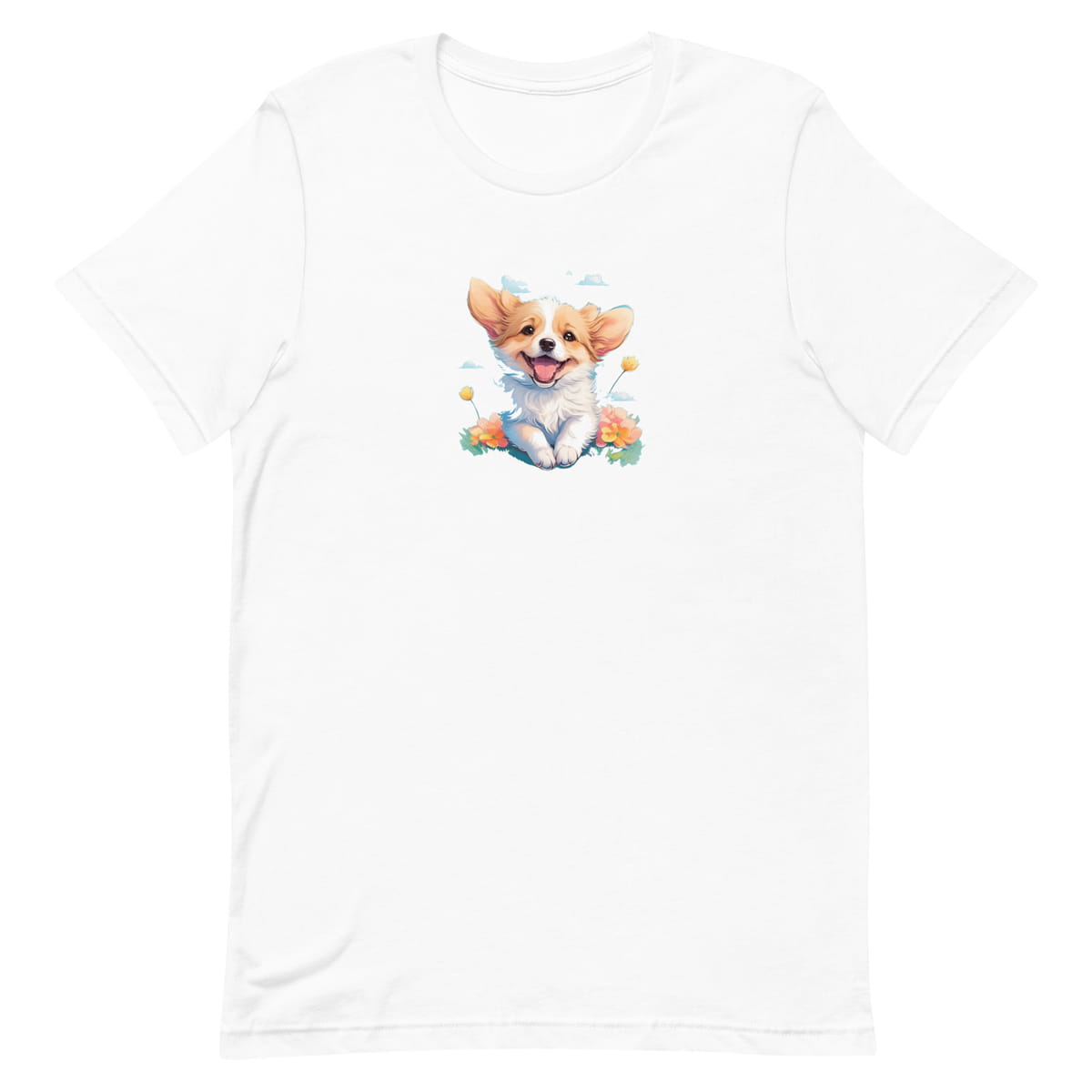 
White crew neck short sleeved t-shirt, feature a graphic vibrant colorful hand-drawn happy Corgi puppy nestled amidst of flowers 