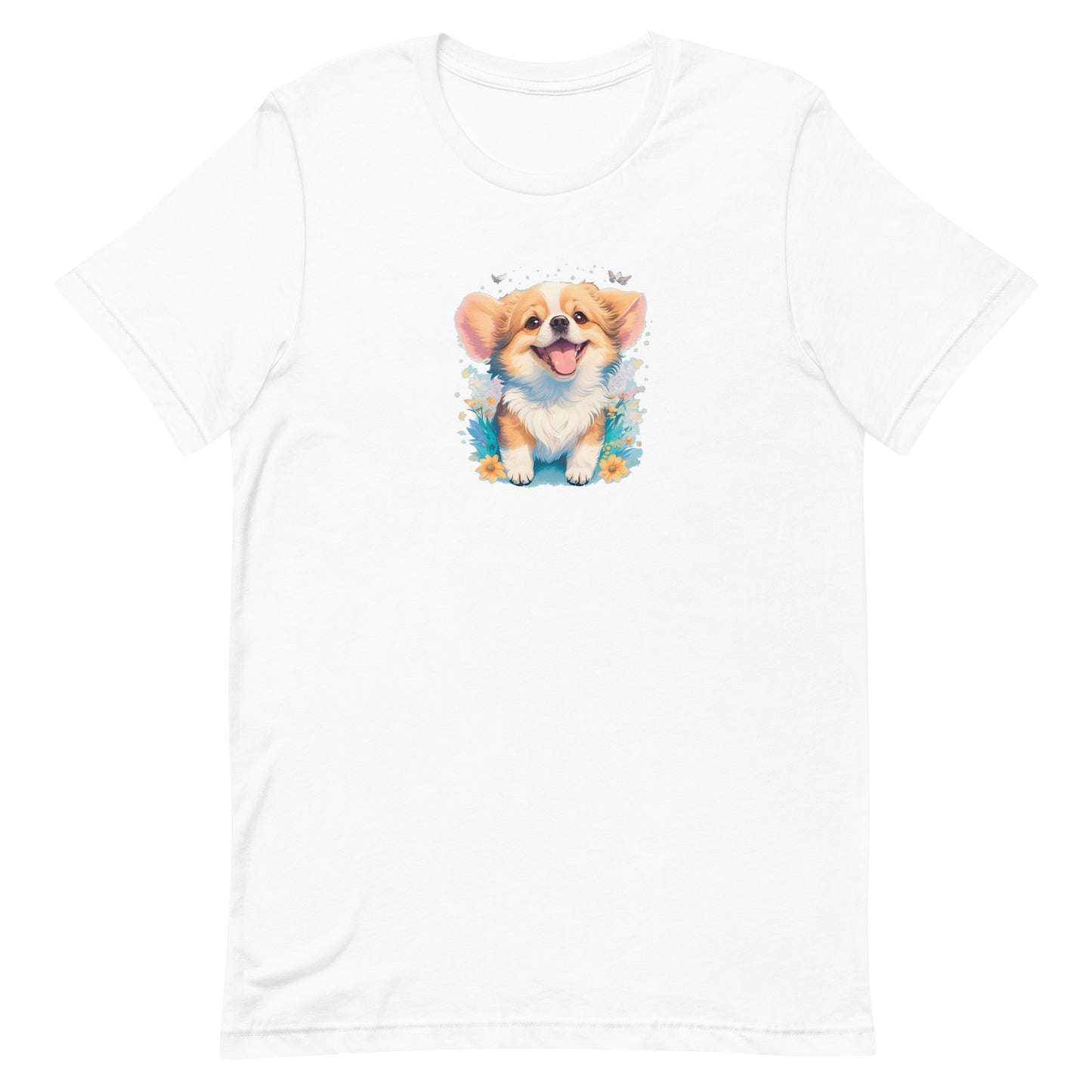 White crew neck short sleeved t-shirt,feature a graphic vibrant colorful hand-drawn dog face of a Corgi puppy sitting in floral garden.
