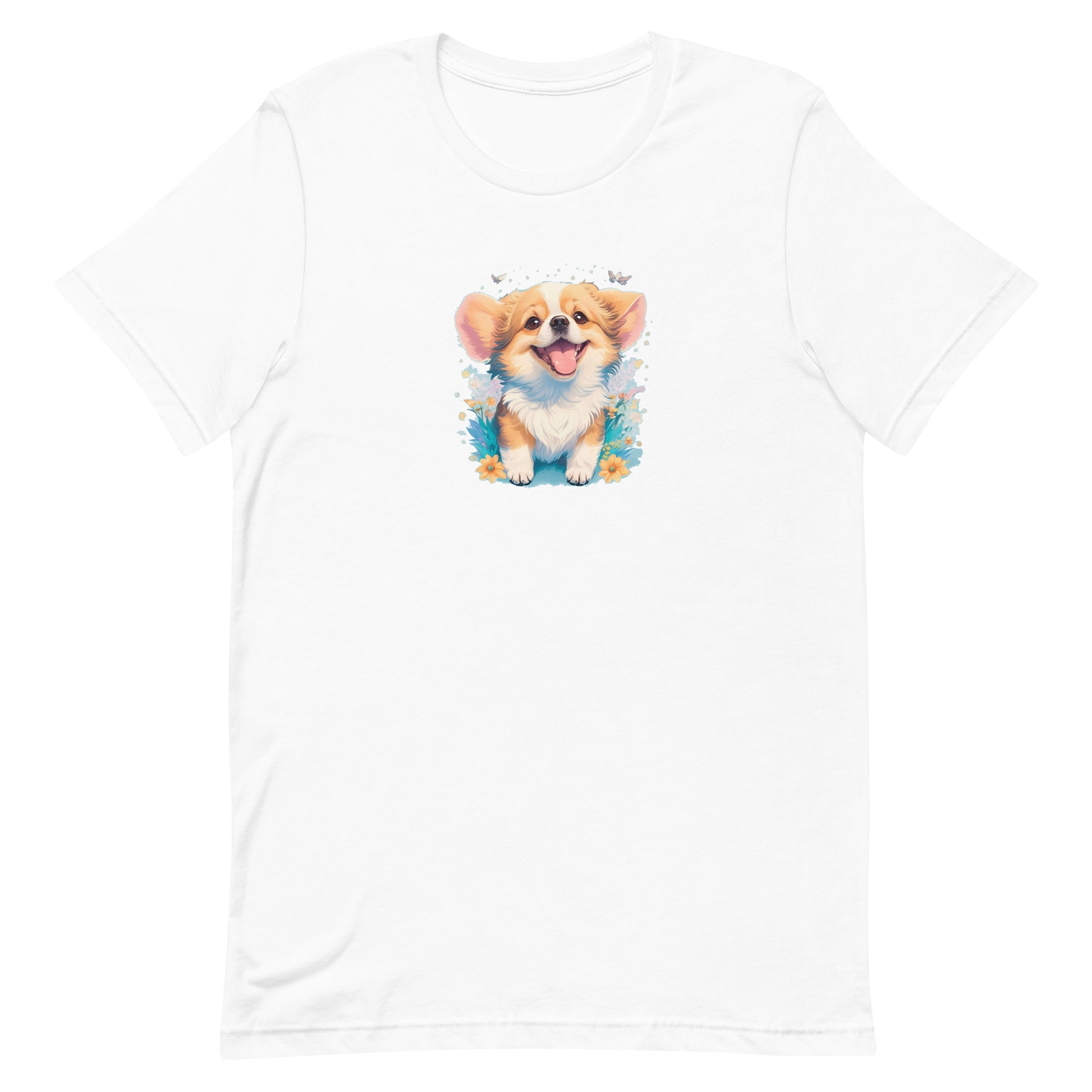 White crew neck short sleeved t-shirt,feature a graphic vibrant colorful hand-drawn dog face of a Corgi puppy sitting in floral garden.