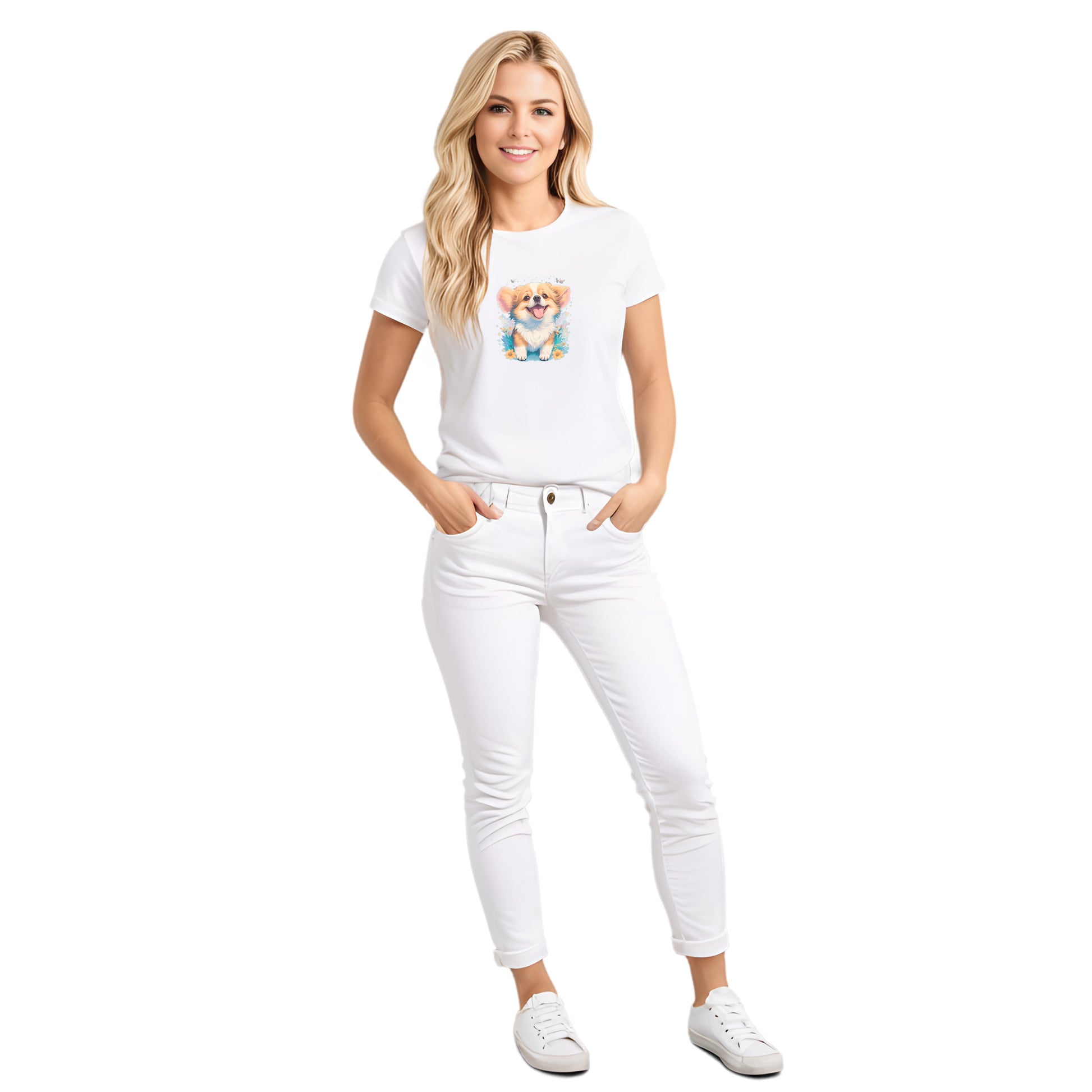 White crew neck short sleeved t-shirt,feature a graphic vibrant colorful hand-drawn dog face of a Corgi puppy sitting in floral garden.Female model shown in close-up to highlight print and fit.