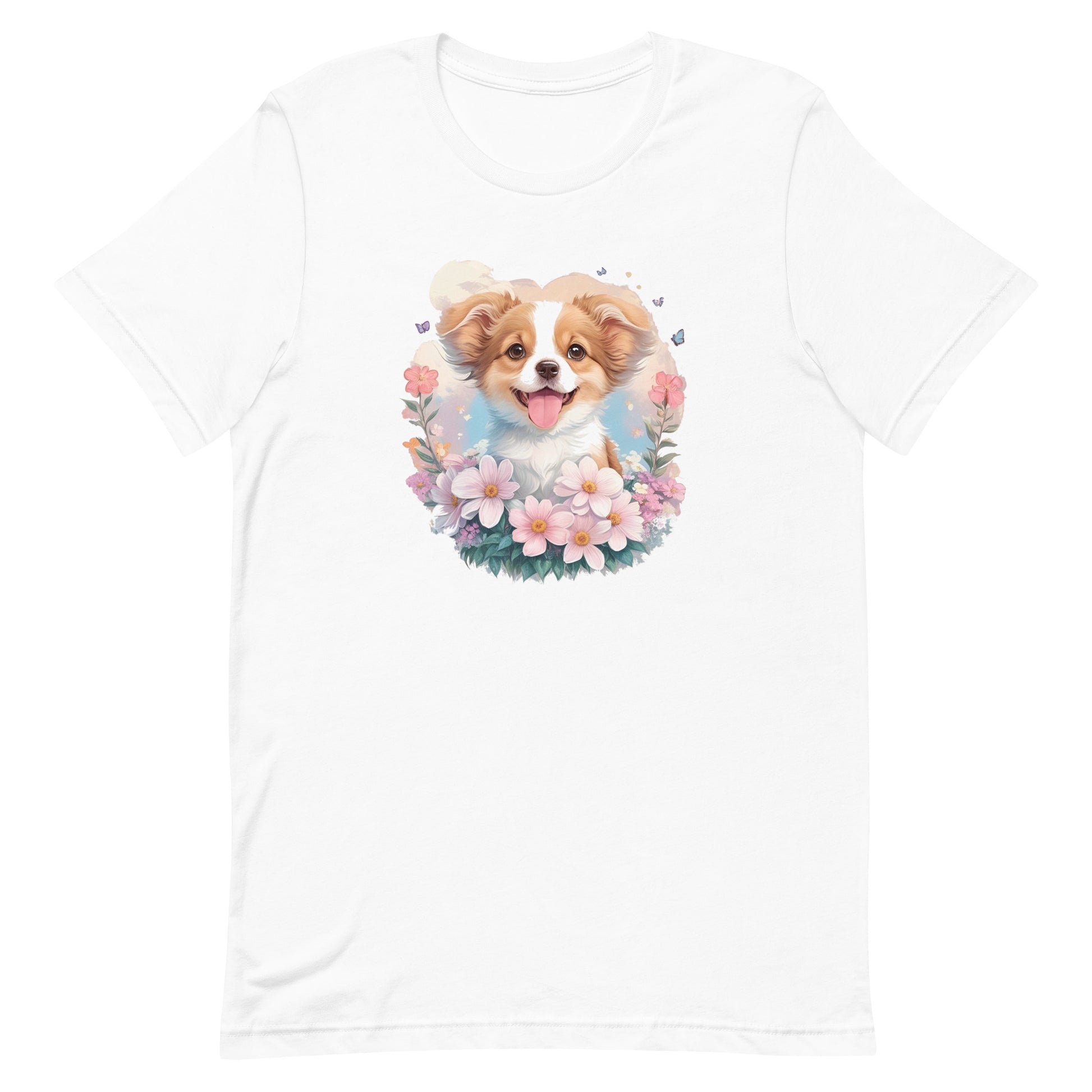 White crew neck short sleeved t-shirt, feature a graphic vibrant colorful hand-drawn dog face of a  Shepherd Puppy sitting in floral wreath