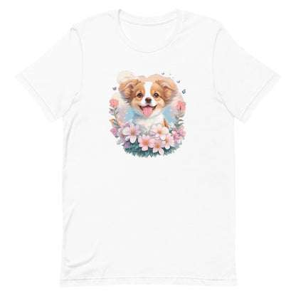 White crew neck short sleeved t-shirt, feature a graphic vibrant colorful hand-drawn dog face of a  Shepherd Puppy sitting in floral wreath