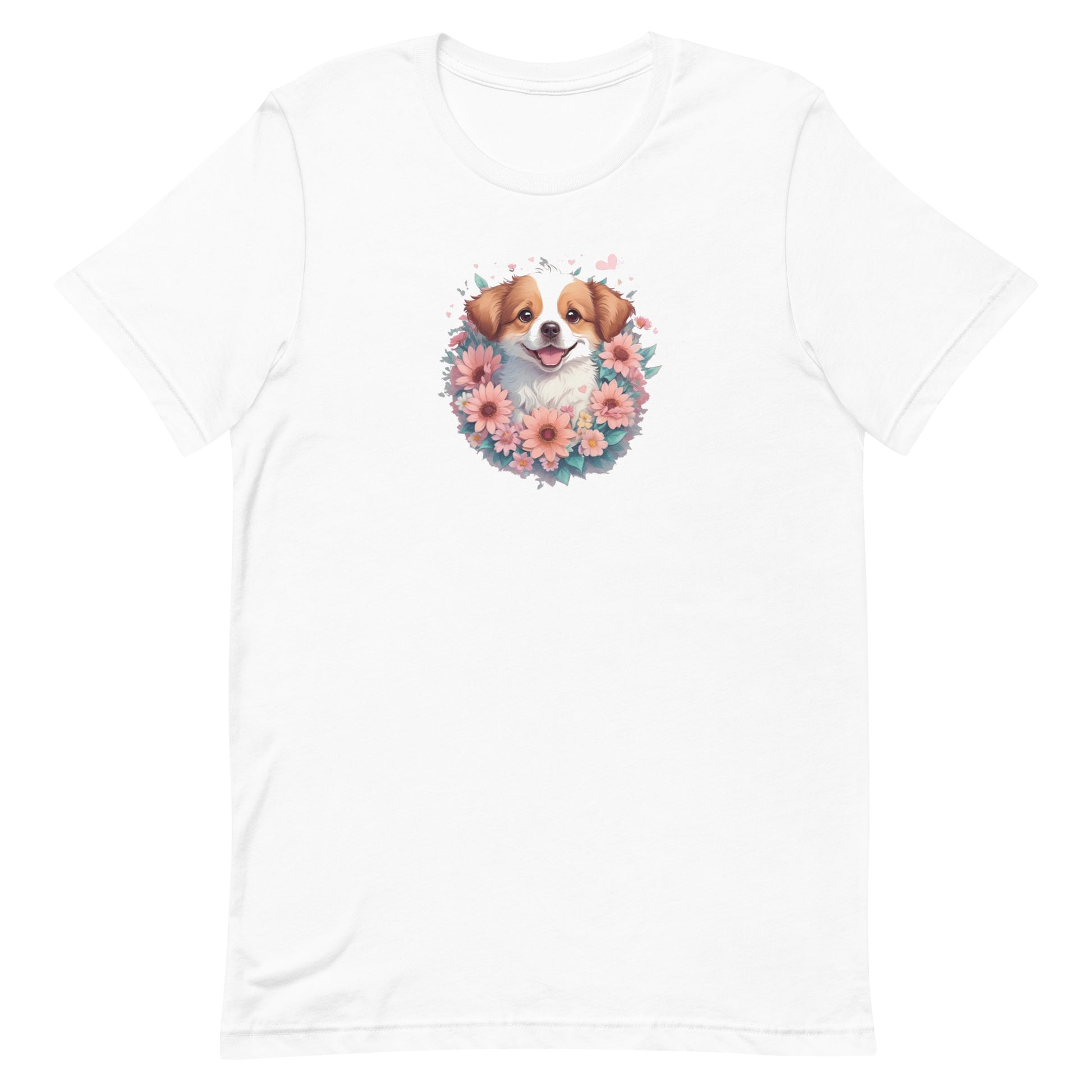 White crew neck short sleeved t-shirt, feature a graphic vibrant colorful hand-drawn dog face of a  Shepherd Puppy sitting in floral wreath.