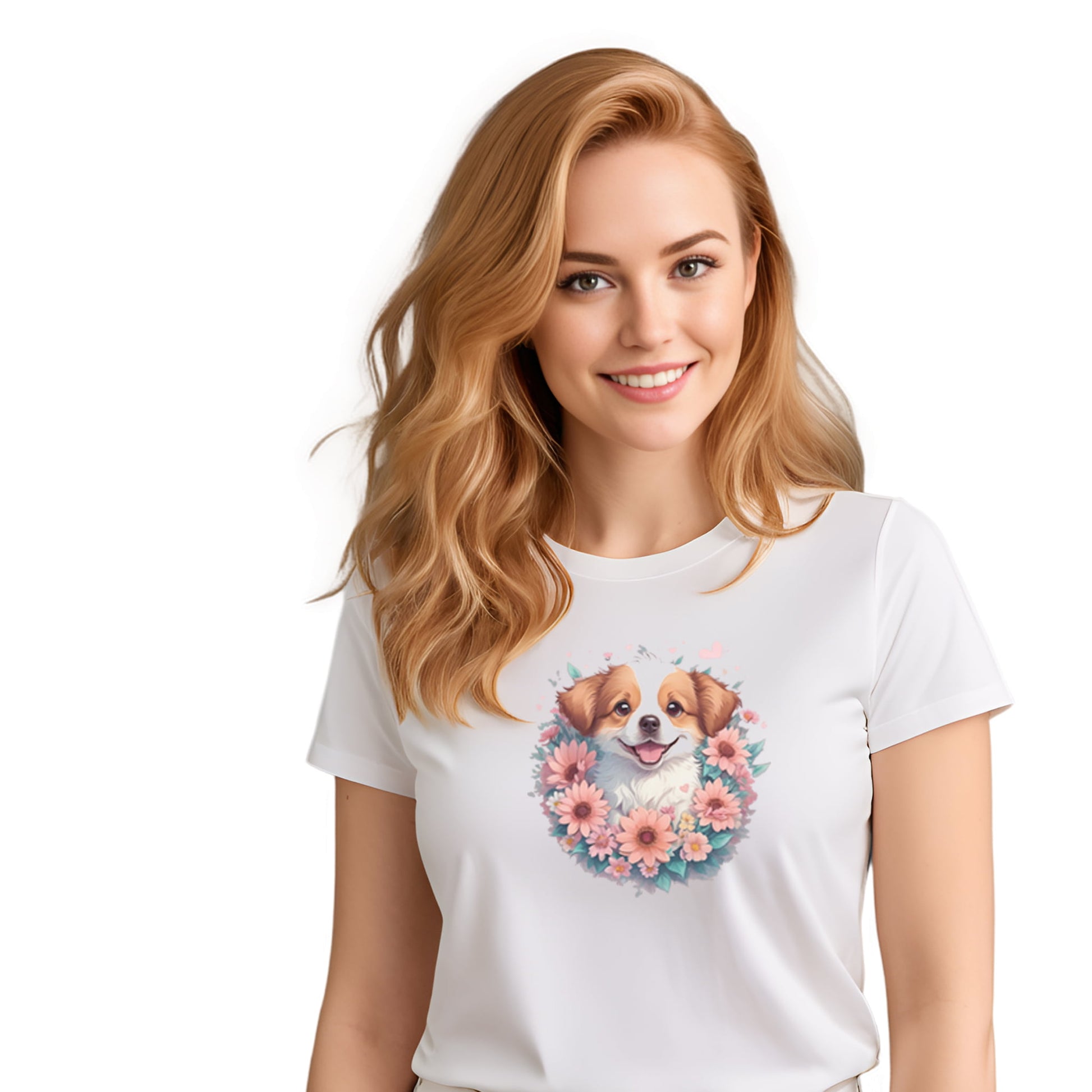 White crew neck short sleeved t-shirt, feature a graphic vibrant colorful hand-drawn dog face of a  Shepherd Puppy sitting in floral wreath. Female model shown in close-up to highlight print and fit.
