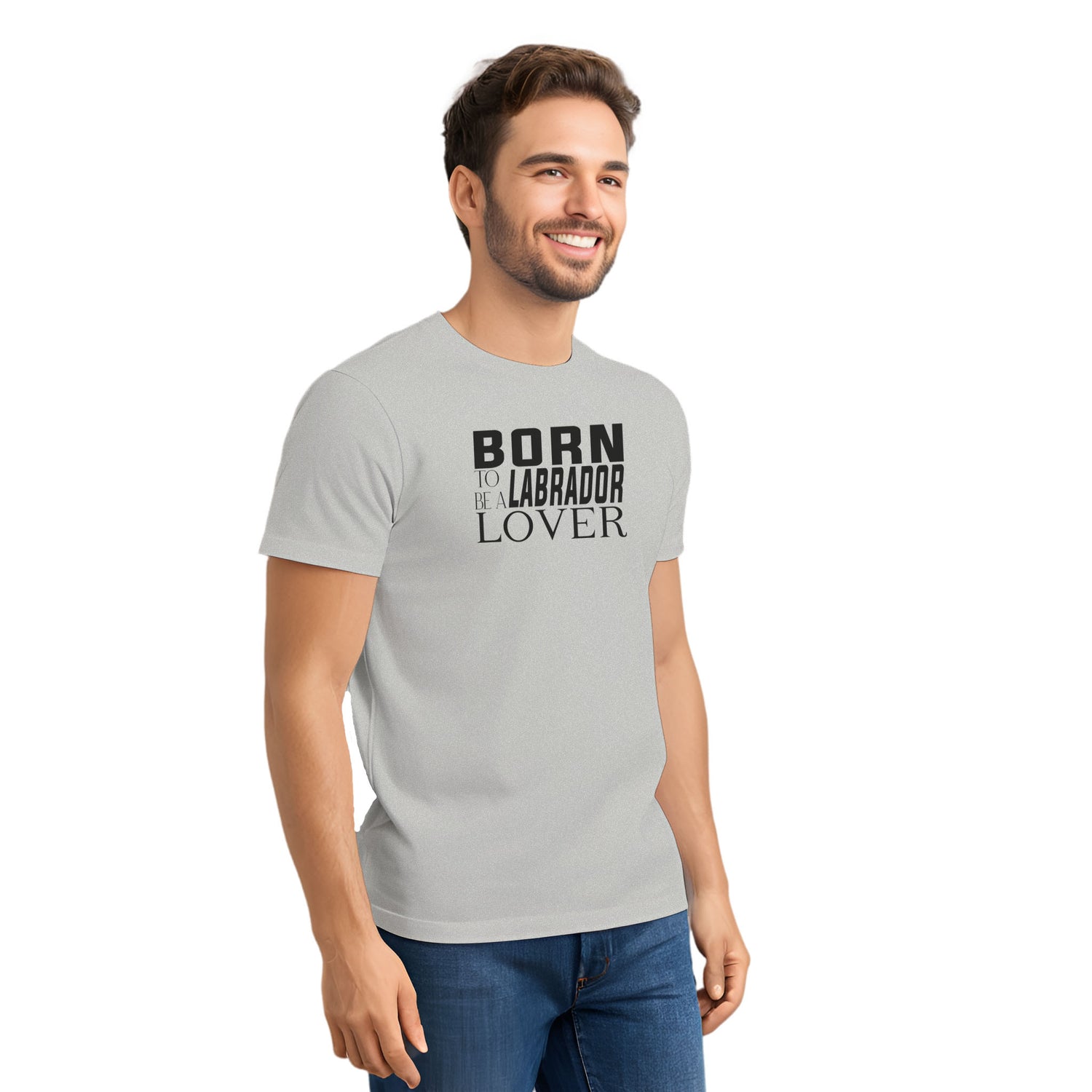 Gray short-sleeved crew neck t-shirt with “Born to be a Labrador Lover” in bold black text, worn by male model in front view.