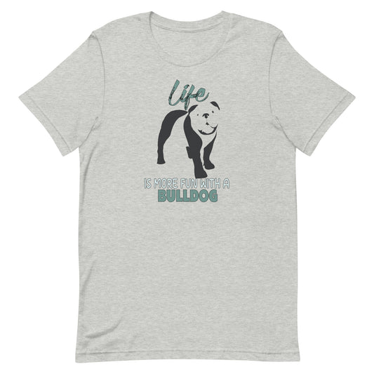 Gray crew neck short sleeved t-shirt, feature a graphic vibrant colorful hand-drawn standing Bulldog Puppy.