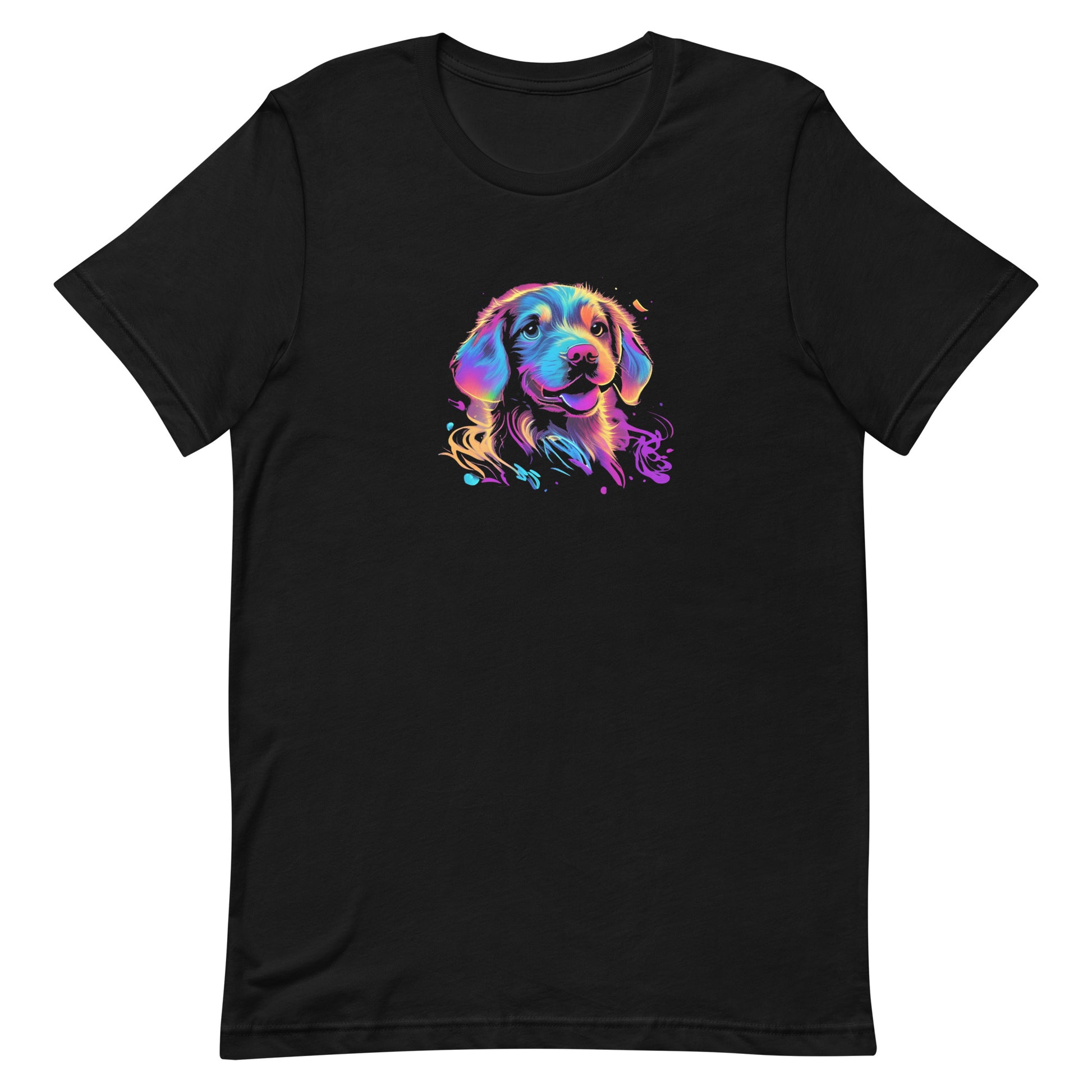 Black crew neck short sleeved t-shirt, feature a graphic vibrant colorful hand-drawn dog face of a  Cavalier King Charles spaniel Puppy in vibrant neon palette.