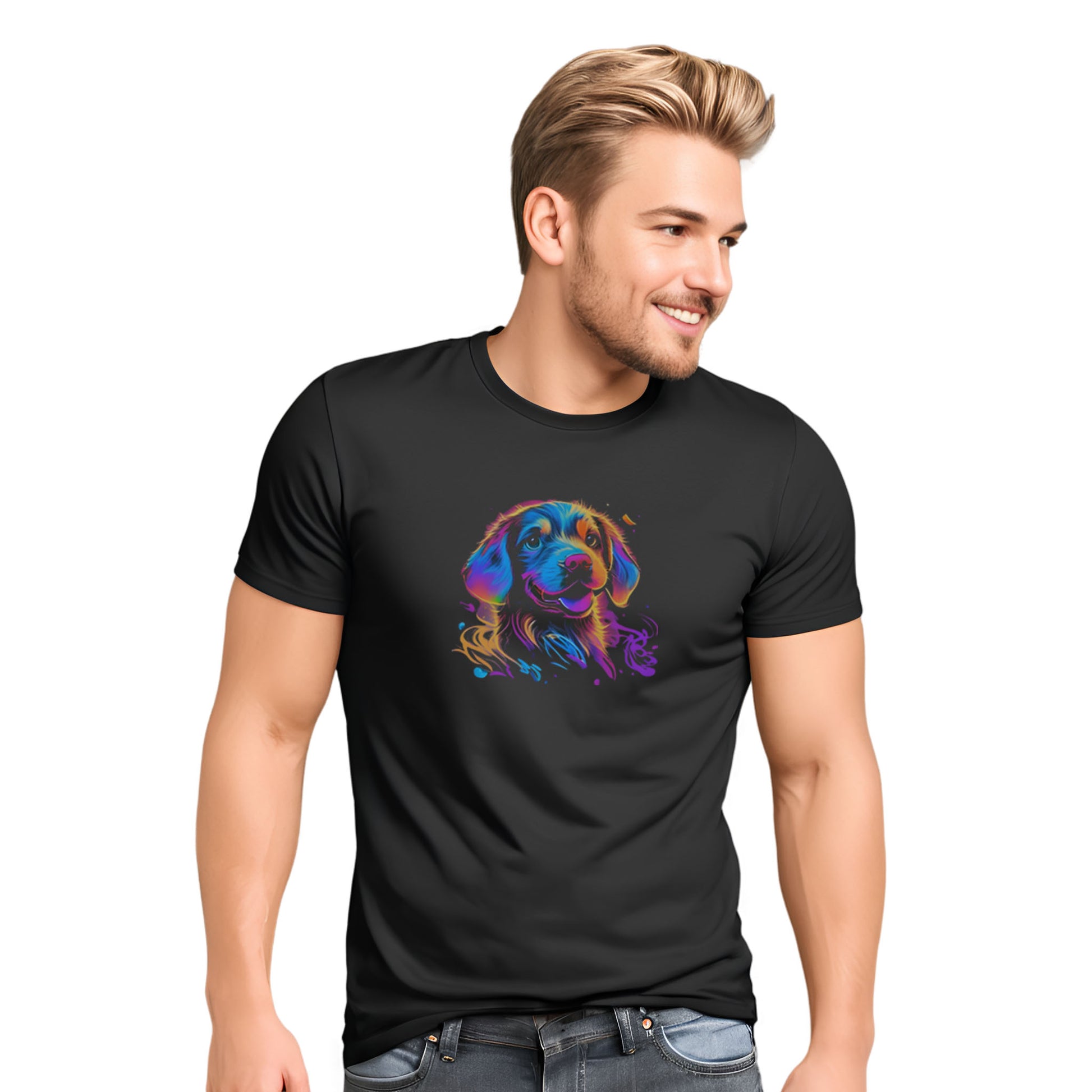 Black crew neck short sleeved t-shirt, feature a graphic vibrant colorful hand-drawn dog face of a  Cavalier King Charles spaniel Puppy in vibrant neon palette. Male model shown in close-up to highlight print and fit.
