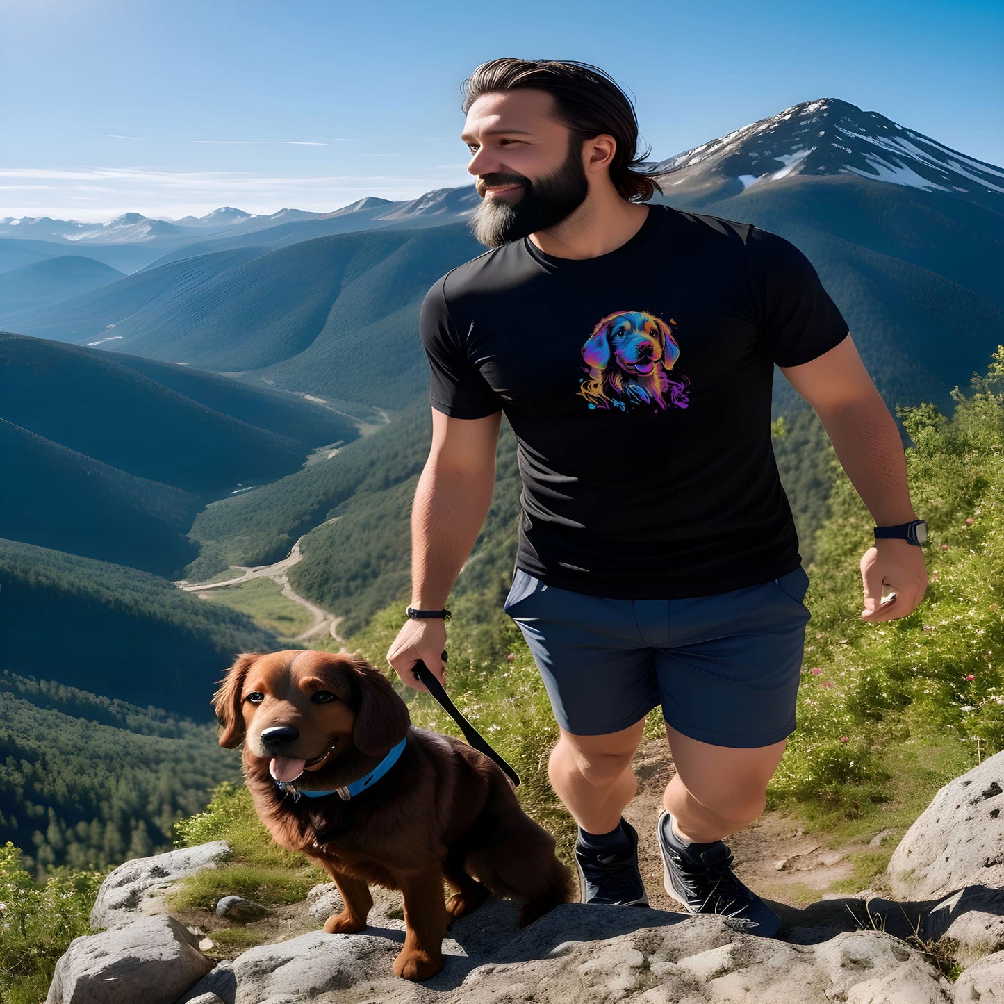 Man walking in the mountain with his dog, wearing a Black crew neck short sleeved t-shirt, feature a graphic vibrant colorful hand-drawn dog face of a Cavalier King Charles spaniel Puppy in vibrant neon palette.