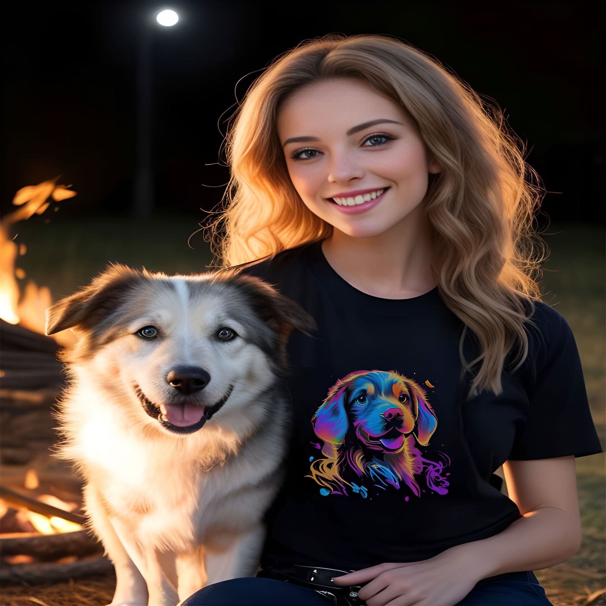 Woman sitting outside with her dog, near fireplace, wearing a Black crew neck short sleeved t-shirt,with a graphic vibrant colorful hand-drawn dog face of a  Cavalier King Charles  spaniel Puppy in vibrant neon palette. 