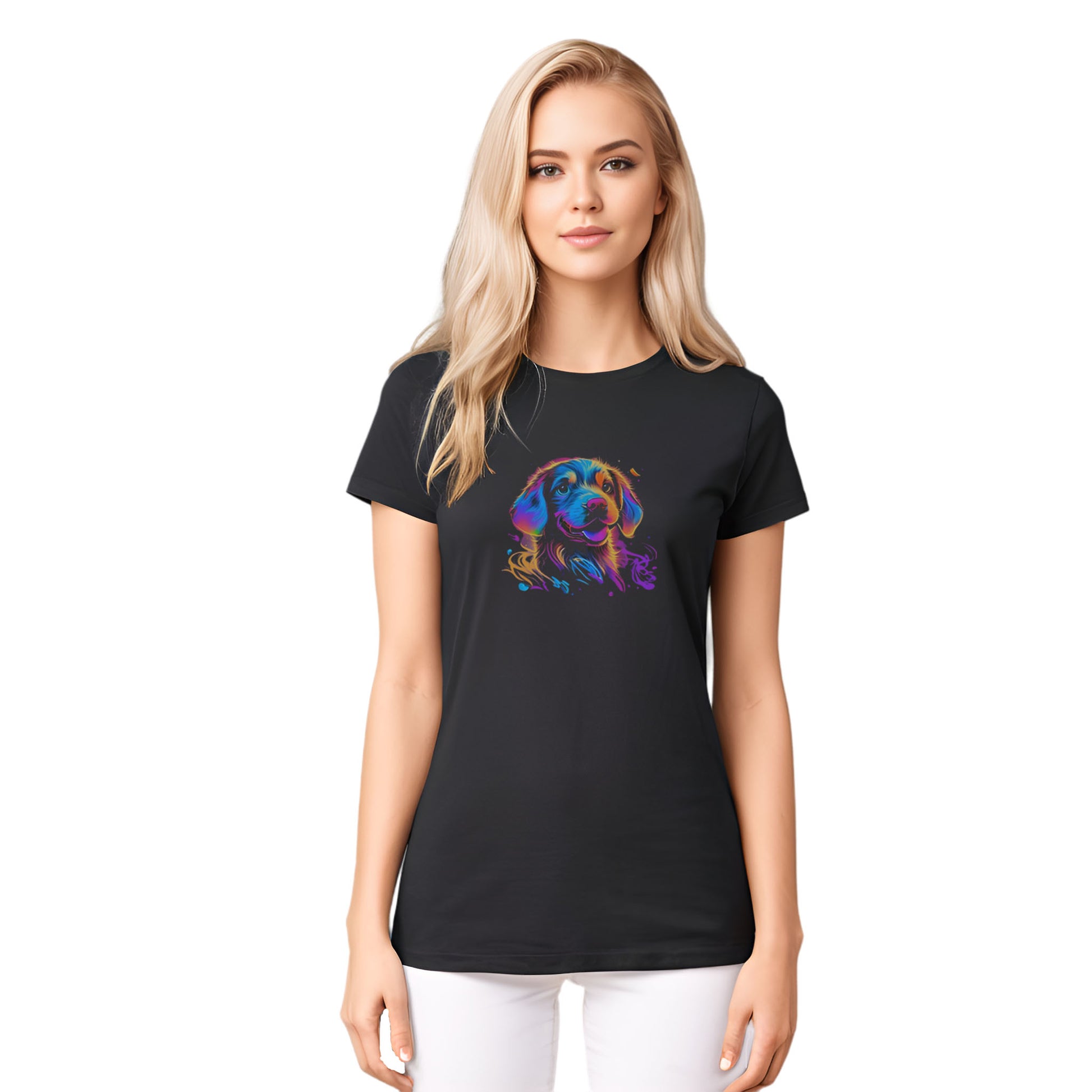 Black crew neck short sleeved t-shirt, feature a graphic vibrant colorful hand-drawn dog face of a  Cavalier King Charles spaniel Puppy in vibrant neon palette. Female model shown in close-up to highlight print and fit.
