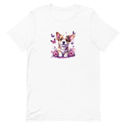 White crew neck short sleeved t-shirt, feature a graphic vibrant colorful hand-drawn Corgi puppy sitting in floral and butterfly garden. 