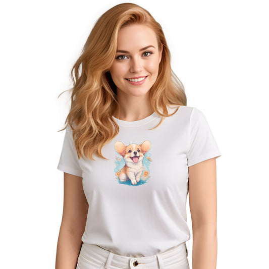 
White crew neck short sleeved t-shirt, feature a graphic vibrant colorful hand-drawn happy Corgi puppy nestled amidst a garden flowers .Female model shown in close-up to highlight print and fit.