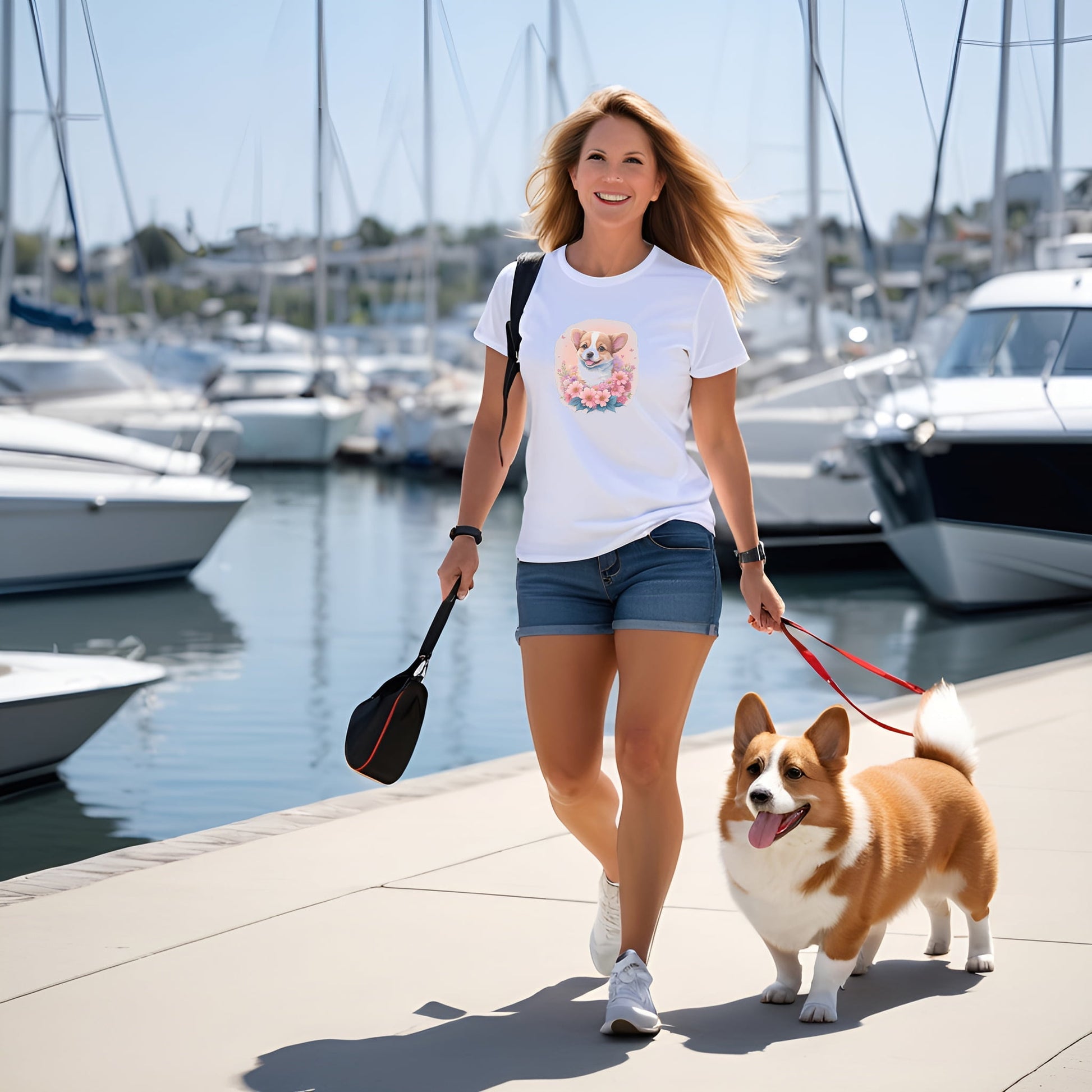 
Women walking at a harbor with a corgi puppy, wearing a white crew neck short sleeved t-shirt, feature a graphic vibrant colorful hand-drawn happy Corgi puppy nestled amidst a garden flowers. 